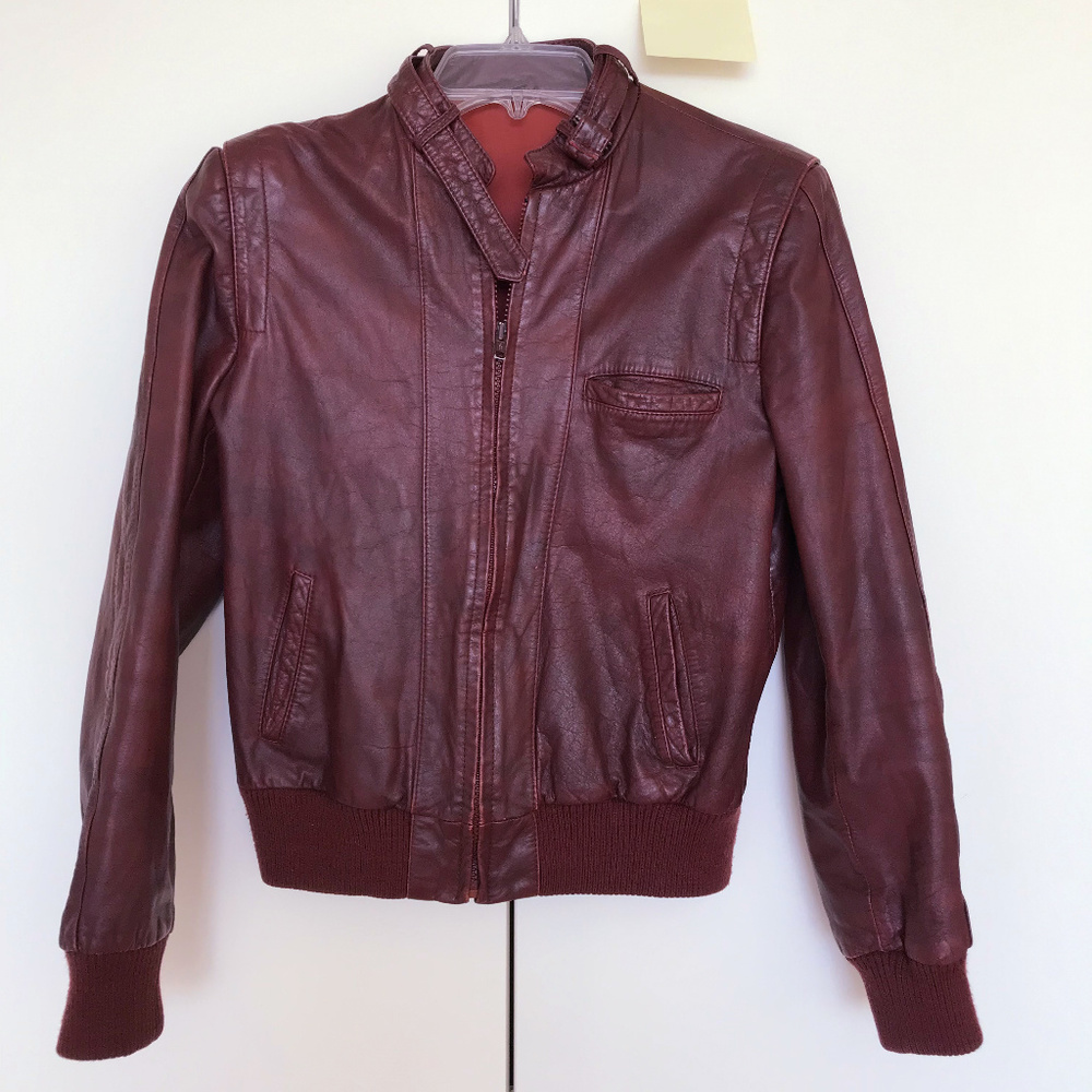 Burgundy faux leather trucker jacket